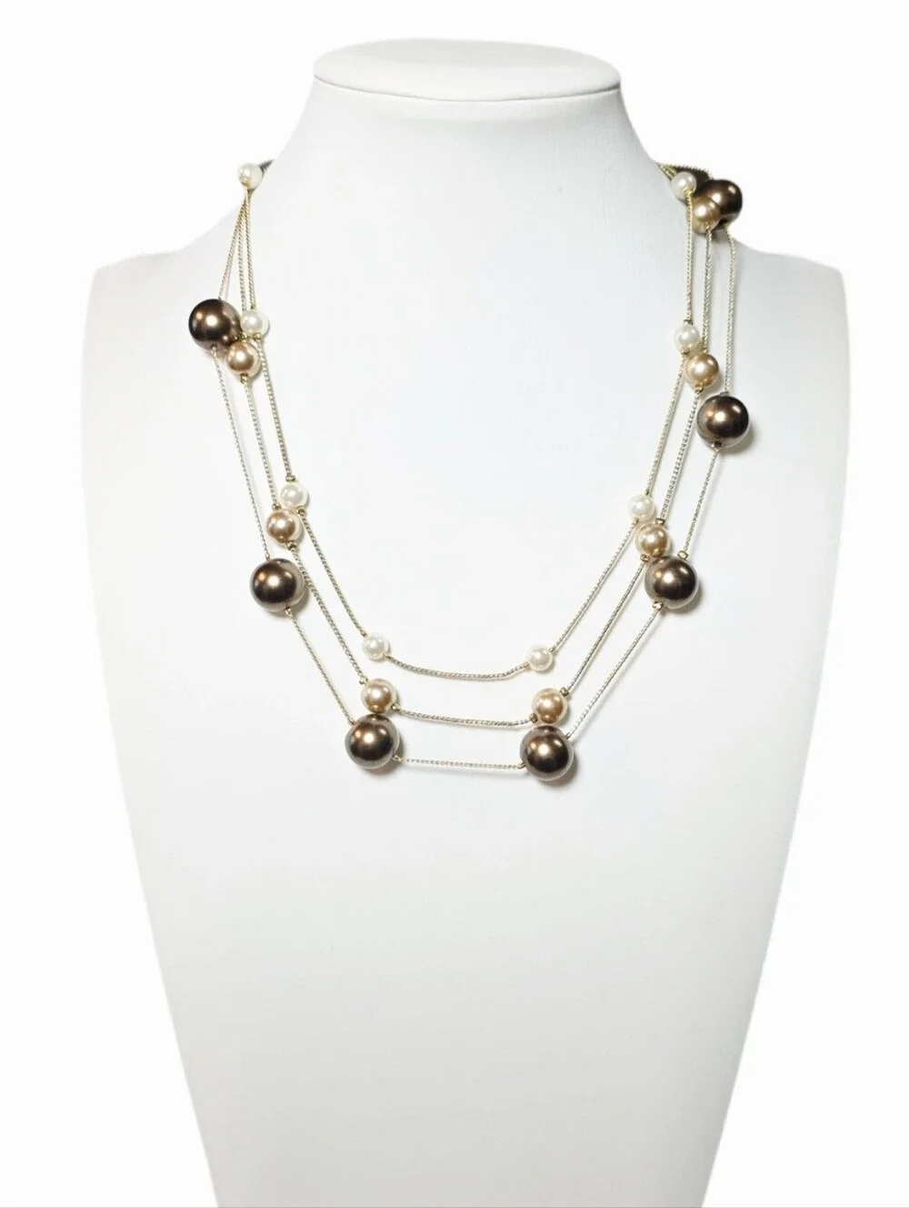 Brown, Gold & Cream Beaded Triple-Strand Gold-Tone Necklace